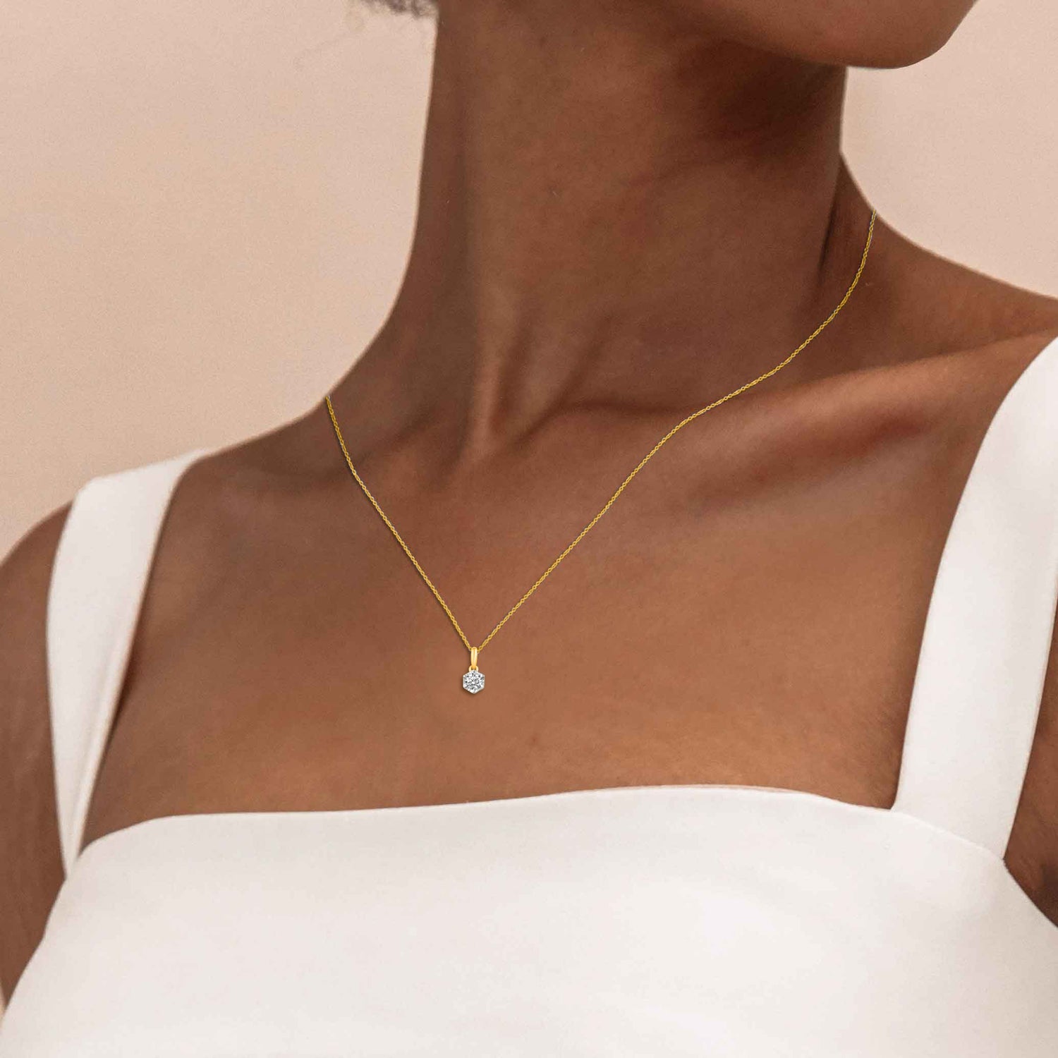 14K Gold 1/4 Carat TW Natural Round Diamond Hexagon Pendant Necklace in White, Rose or Yellow Gold