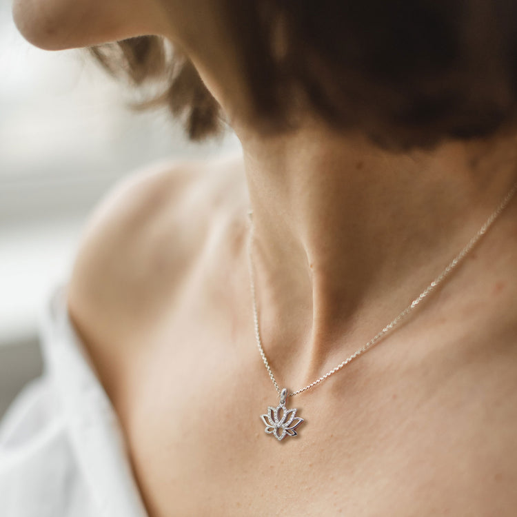 1/10 CT TW Diamond Lotus Pave Pendant Set in Sterling Silver fine jewelry gift yoga wellness