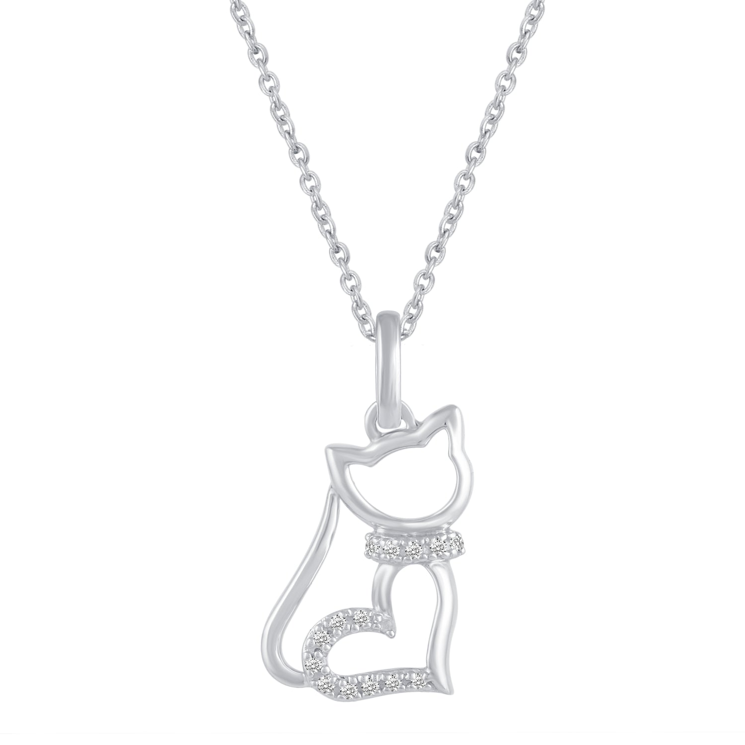 1/20 Ctw Cat Kitty Heart Pendant Necklace with Natural Round Diamonds Set in 925 Sterling Silver birthday holiday valentine gift trend jewelry