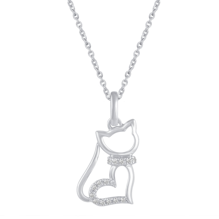 1/20 Ctw Cat Kitty Heart Pendant Necklace with Natural Round Diamonds Set in 925 Sterling Silver birthday holiday valentine gift trend jewelry
