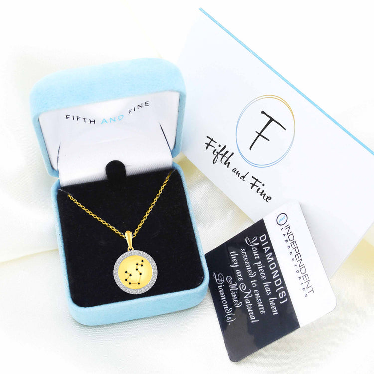 1/20 Cttw Diamond Zodiac Halo Pendant Necklace set in 925 Sterling Silver 14K Yellow Gold Plating