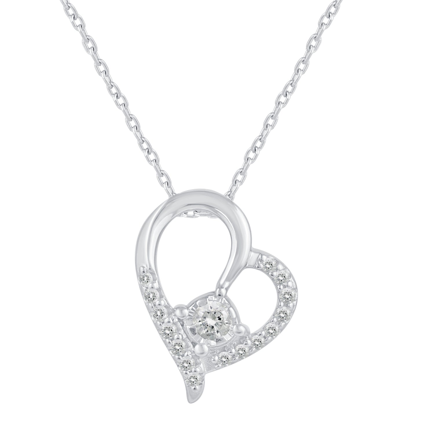 1/6 Cttw Natural Diamond Open Heart Floating Stone Pendant Necklace set in 925 Sterling Silver