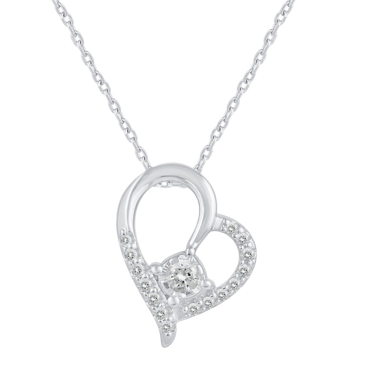 1/6 Cttw Natural Diamond Open Heart Floating Stone Pendant Necklace set in 925 Sterling Silver