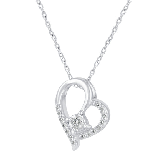 1/6 Cttw Natural Diamond Open Heart Floating Stone Pendant Necklace set in 925 Sterling Silver