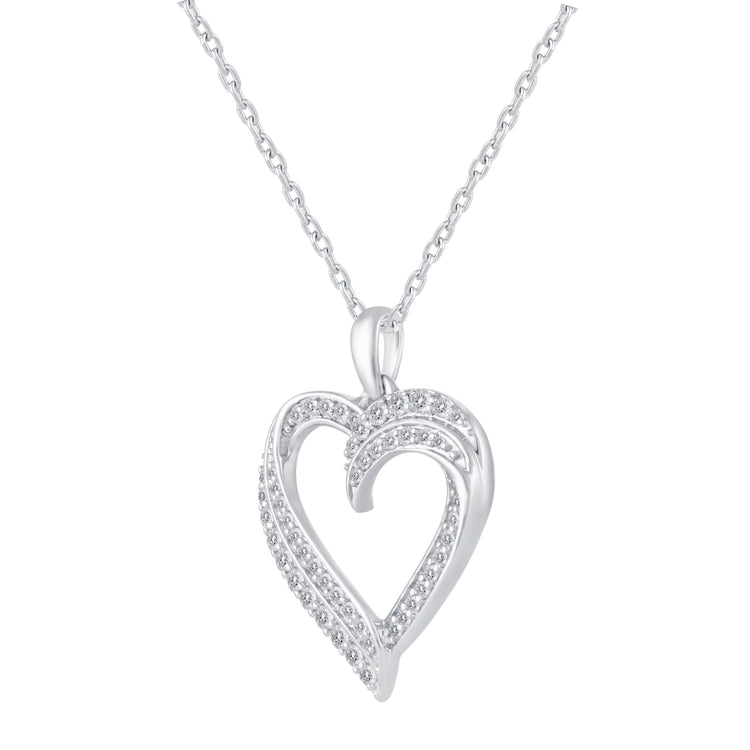 1/2 Cttw Natural Diamond Double Row Open Heart Pendant Necklace set in 925 Sterling Silver