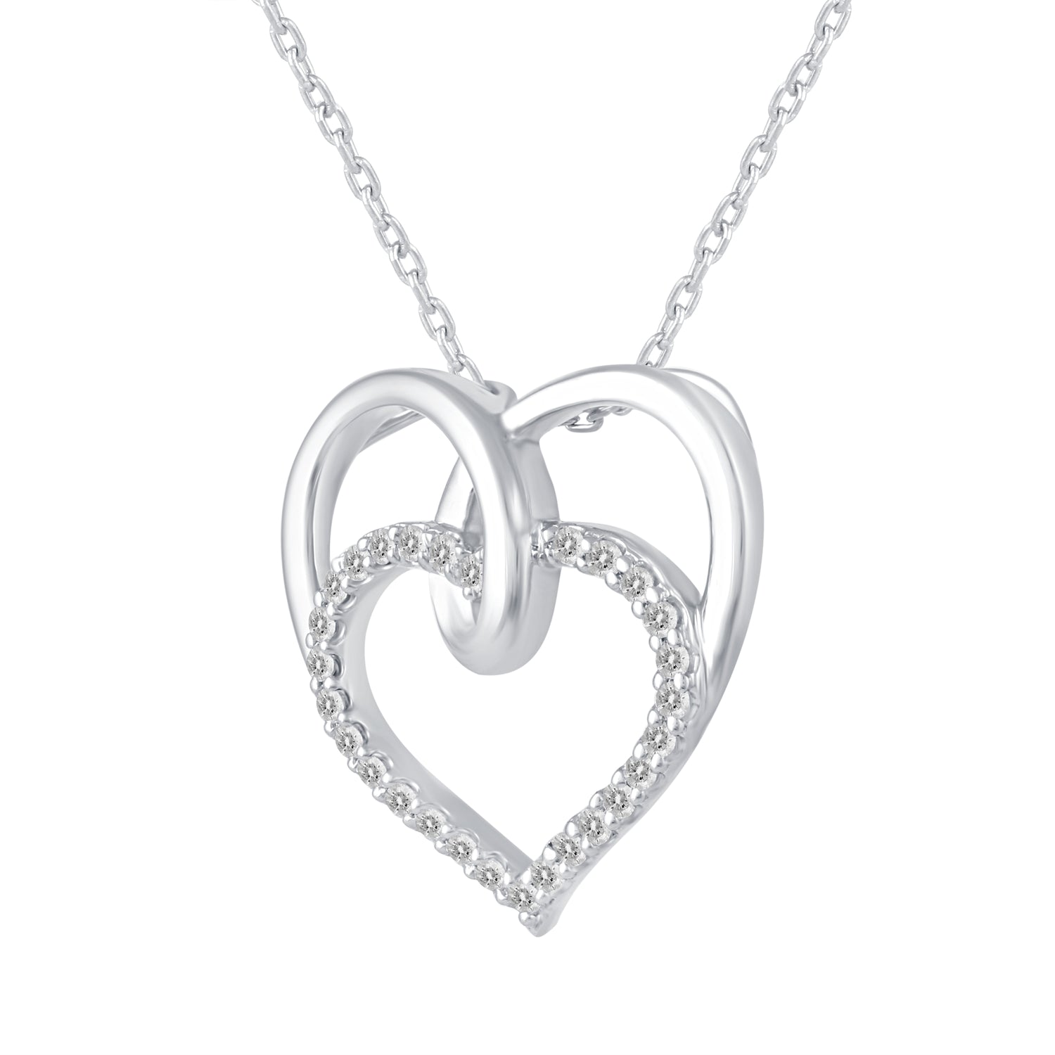 1/4 Cttw Diamond Twin Heart Pendant Necklace set in 925 Sterling Silver