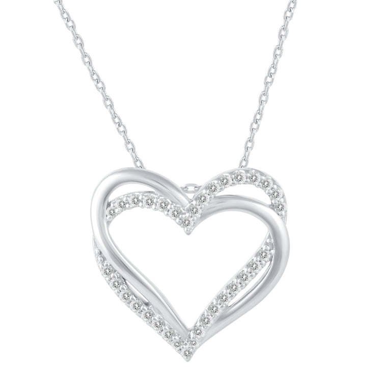 1/4 Cttw Diamond Double Heart Entwined Pendant Necklace set in 925 Sterling Silver