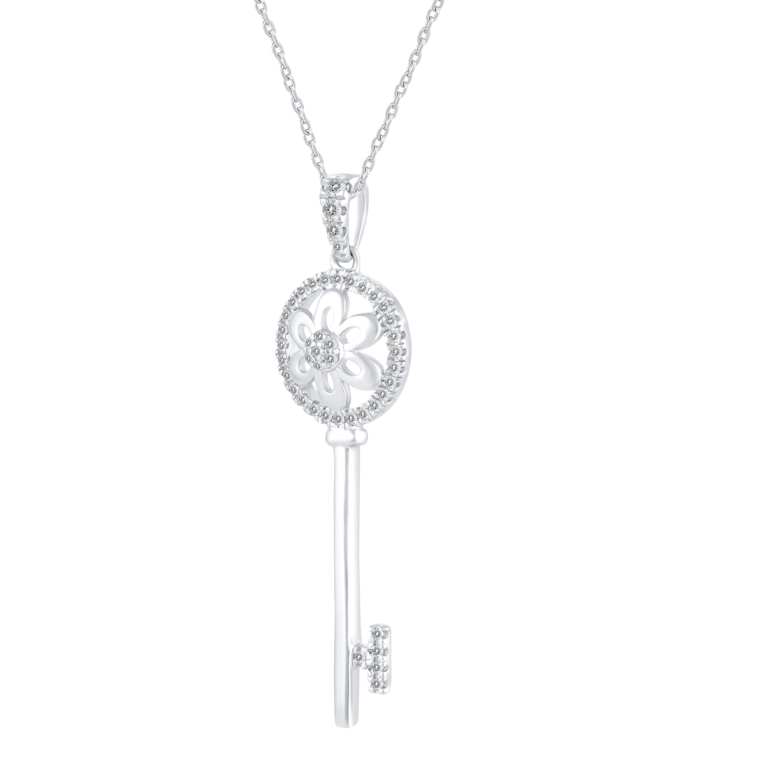 1/5 Cttw Diamond Daisy Flower Key Pendant Necklace set in 925 Sterling Silver