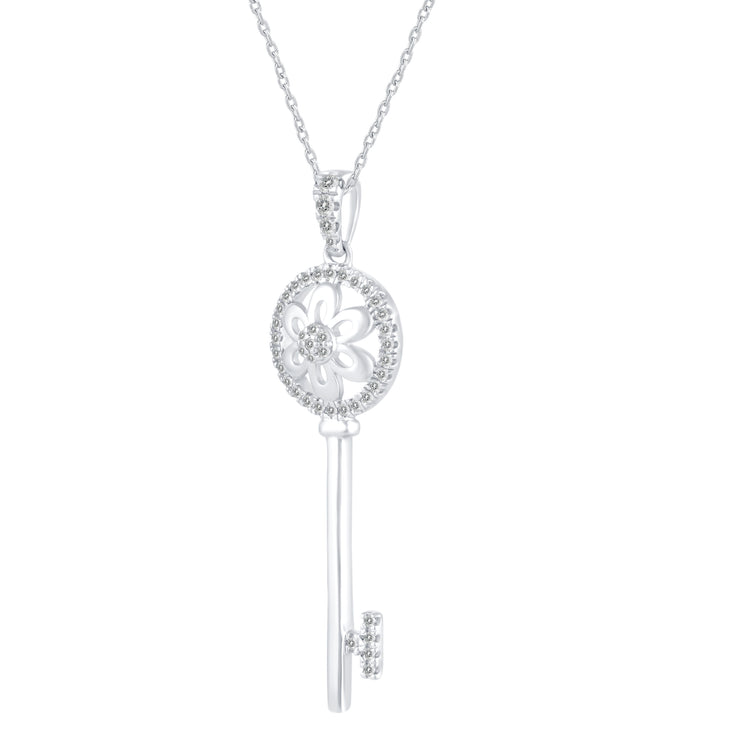 1/5 Cttw Diamond Daisy Flower Key Pendant Necklace set in 925 Sterling Silver