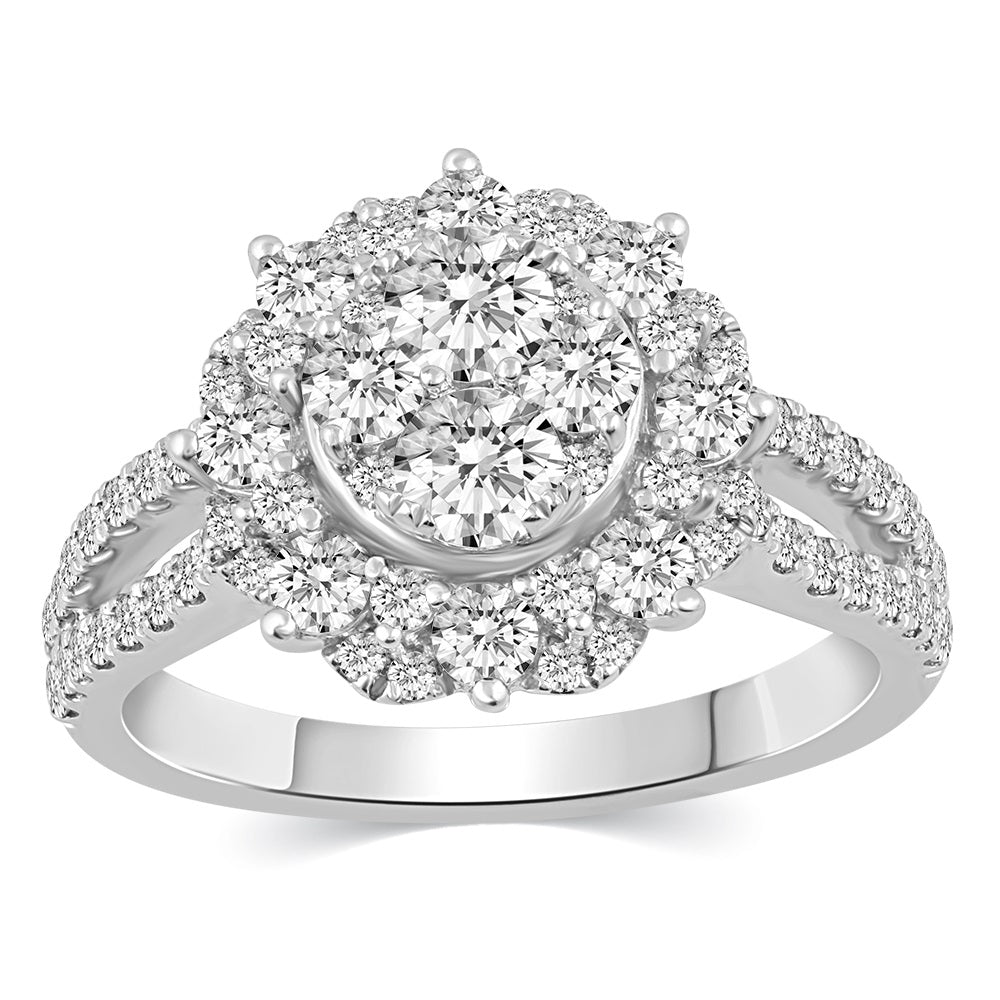 1 1/2 Cttw  (I1-I2 Clarity) Diamond Floral Halo Engagement Bridal Ring in 14K Gold