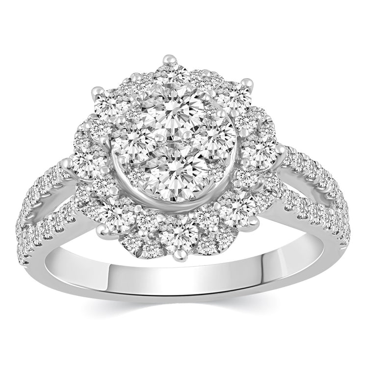 1 1/2 Cttw (I1-I2 Clarity) Diamond Floral Halo Engagement Bridal Ring in 14K Gold