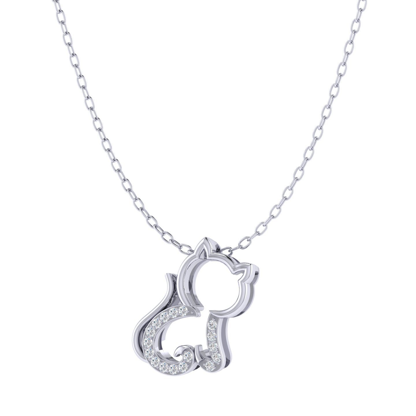 Kitty Cat 1/20 Cttw Natural Diamond Pendant Necklace set in 925 Sterling Silver