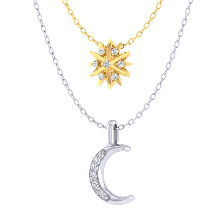 Sunshine and Crescent Moon Layered 1/10 Cttw Natural Diamond Pendant Necklace set in 925 Sterling (Yellow Gold & Silver)…