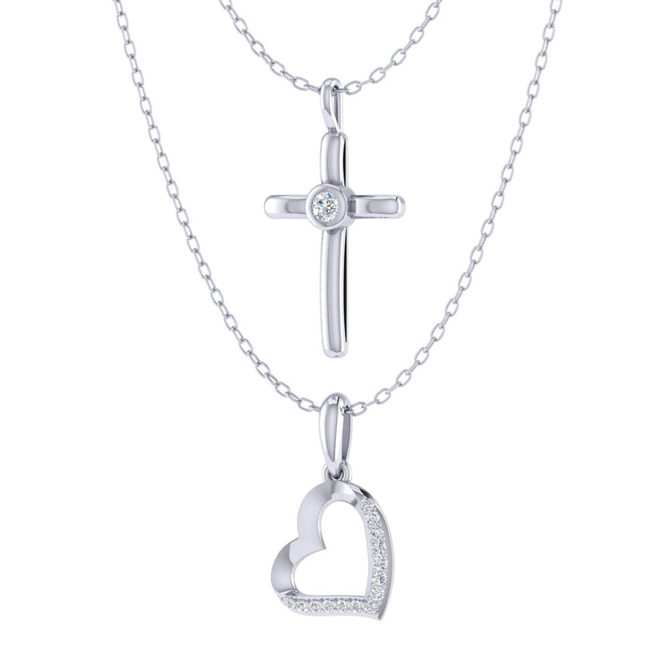 Open Heart and Celtic Cross Layered 1/10 Cttw Natural Diamond Pendant Necklace set in 925 Sterling Silver…
