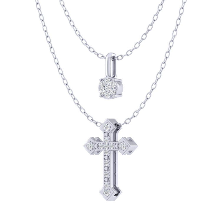 Cluster and Celtic Cross Layered 1/10 Cttw Natural Diamond Pendant Necklace set in 925 Sterling Silver…