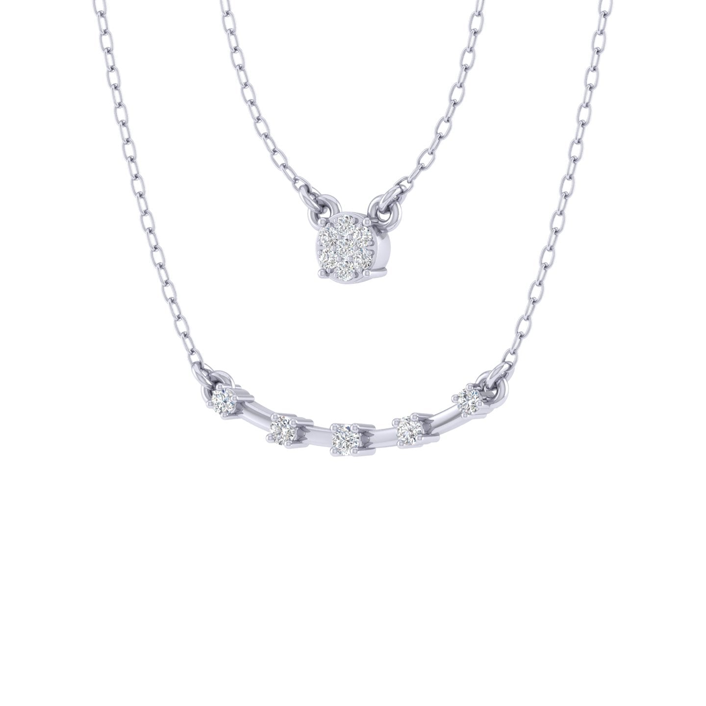Cluster and Curved Bar Layered 1/10 Cttw Natural Diamond Pendant Necklace set in 925 Sterling Silver…
