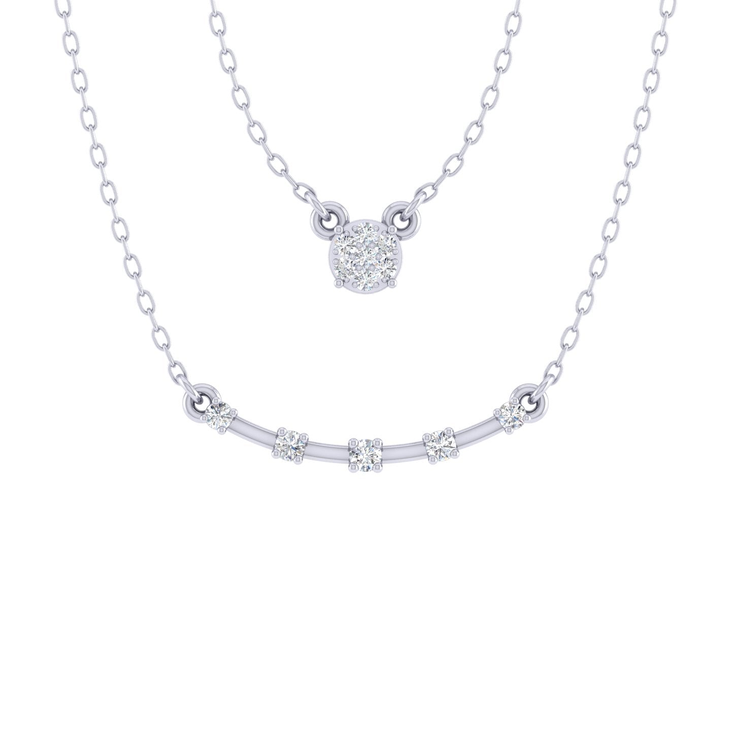 Cluster and Curved Bar Layered 1/10 Cttw Natural Diamond Pendant Necklace set in 925 Sterling Silver…