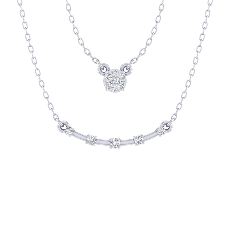 Cluster and Curved Bar Layered 1/10 Cttw Natural Diamond Pendant Necklace set in 925 Sterling Silver…