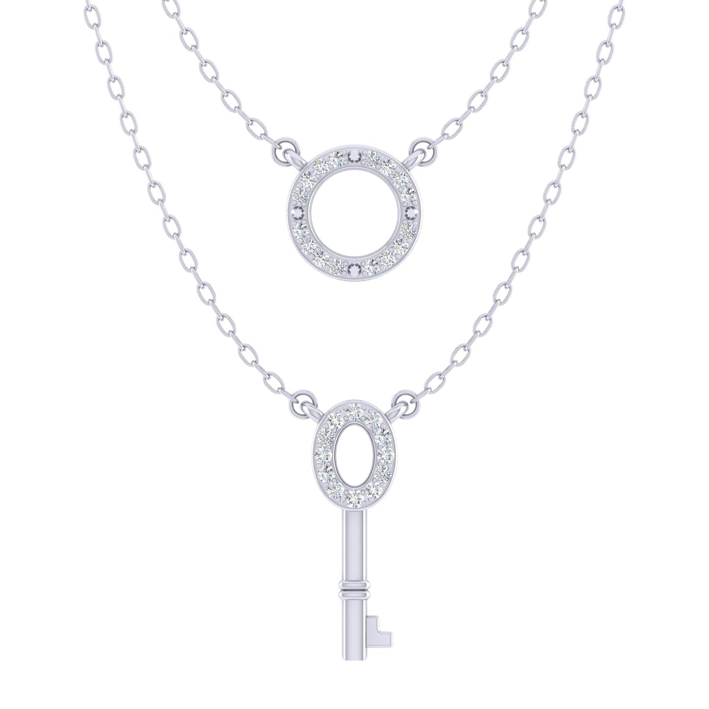 Circle and Key Layered 1/10 Cttw Natural Diamond Pendant Necklace set in 925 Sterling Silver…