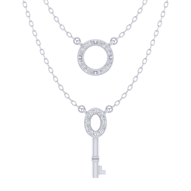 Circle and Key Layered 1/10 Cttw Natural Diamond Pendant Necklace set in 925 Sterling Silver…