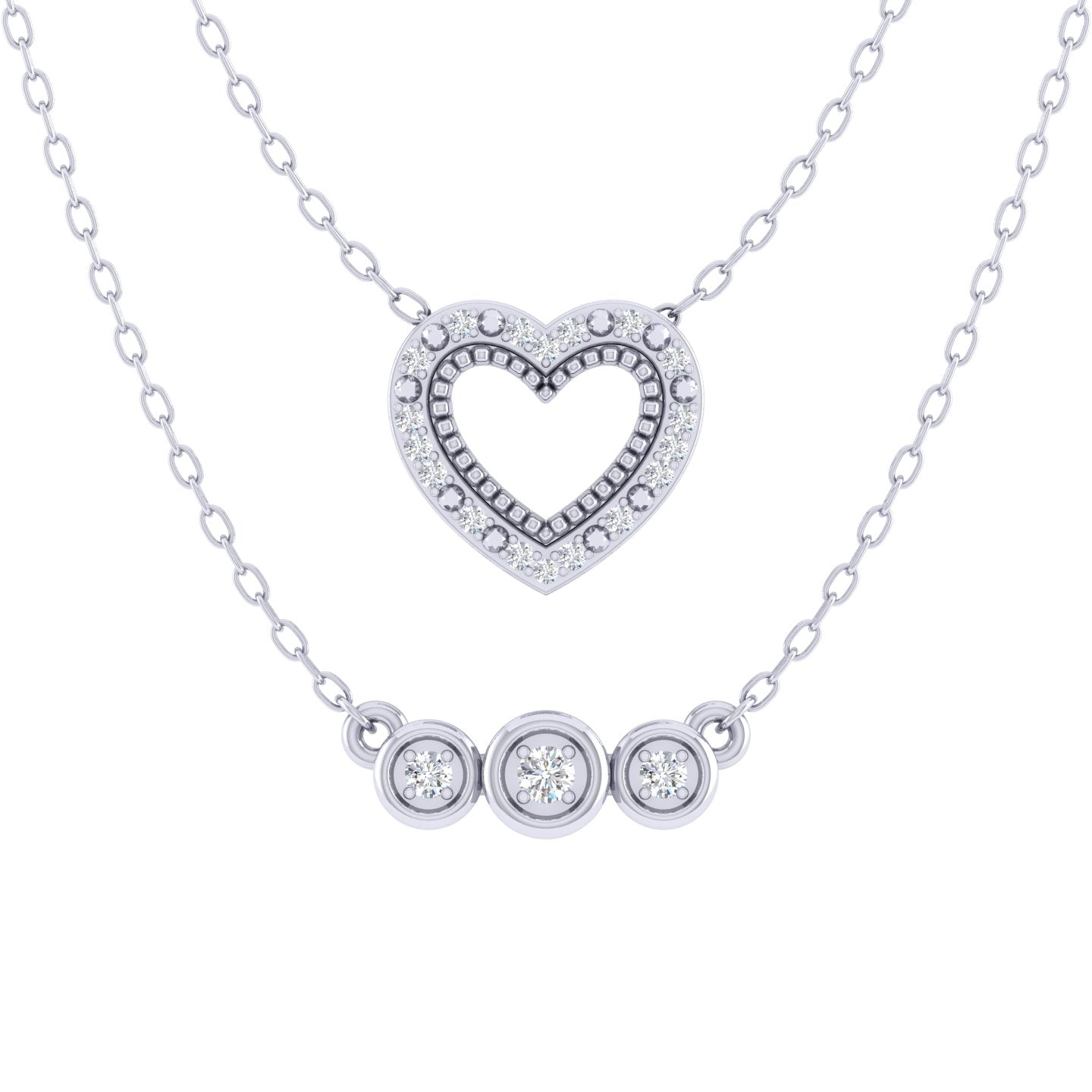 Heart and Three Stone Layered 1/10 Cttw Natural Diamond Pendant Necklace set in 925 Sterling Silver…
