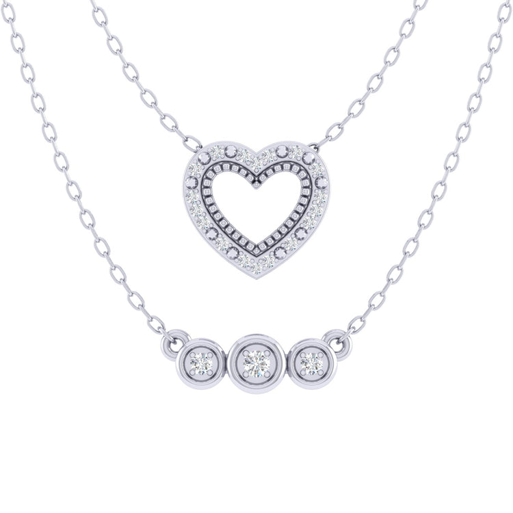 Heart and Three Stone Layered 1/10 Cttw Natural Diamond Pendant Necklace set in 925 Sterling Silver…