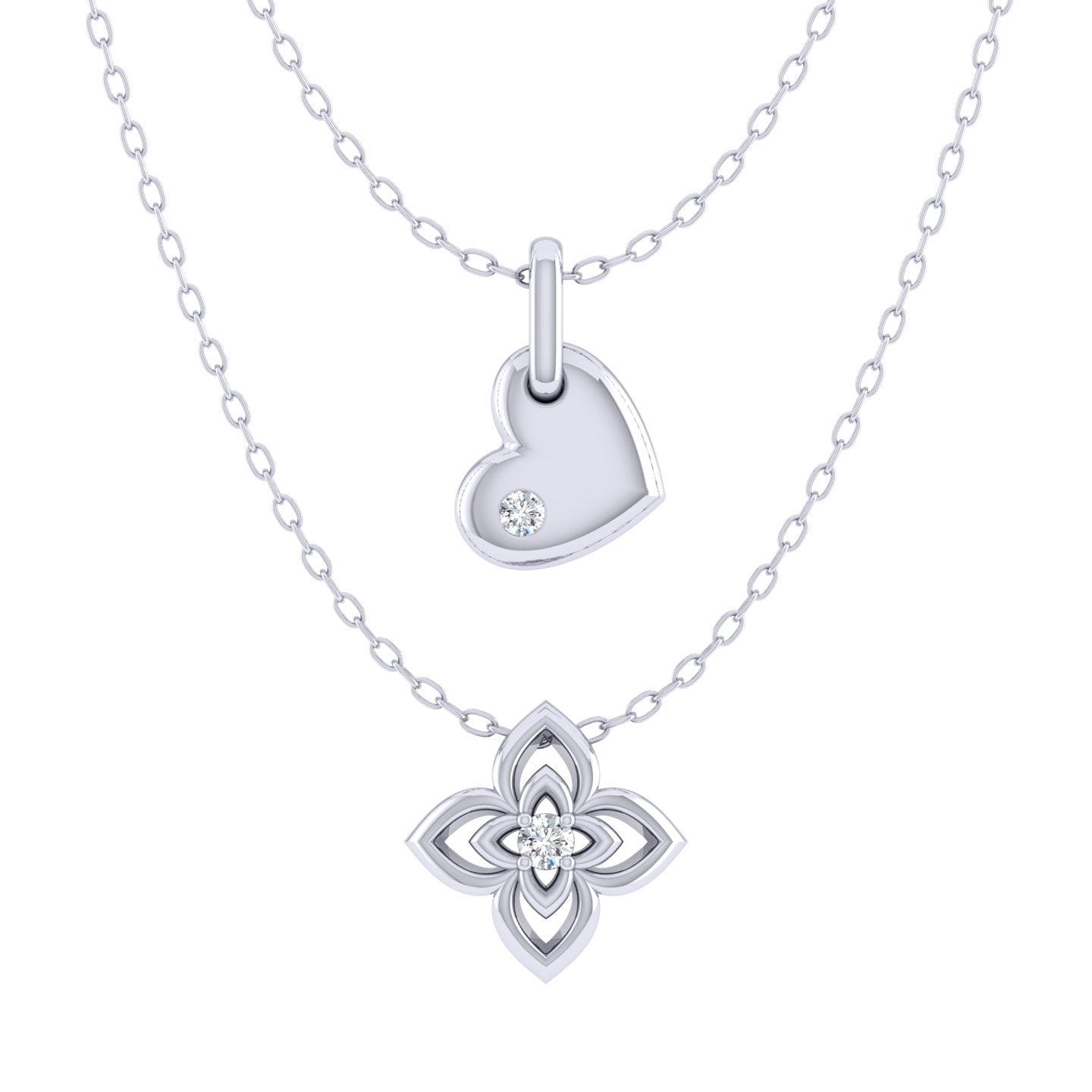Heart and Flower Layered 1/20 Cttw Natural Diamond Pendant Necklace set in 925 Sterling Silver…