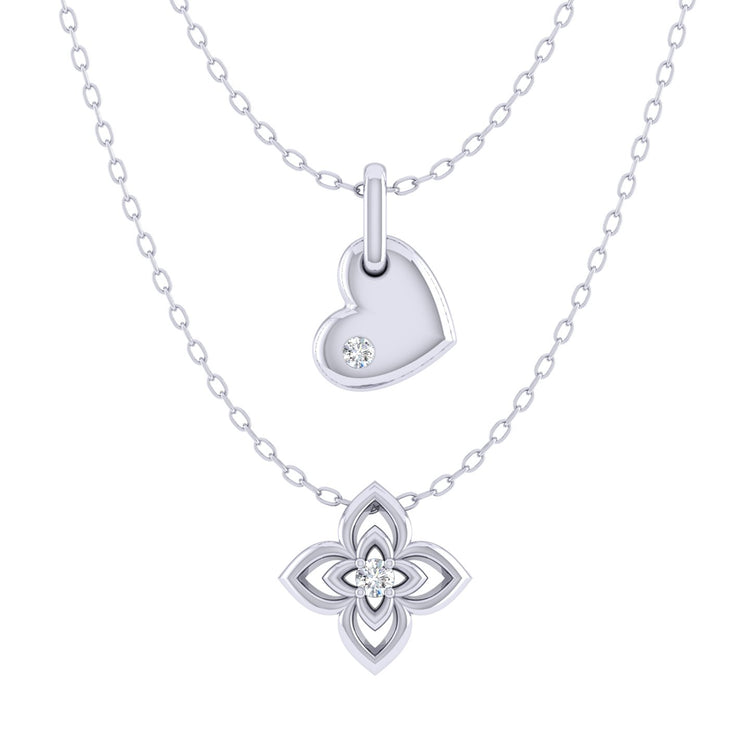 Heart and Flower Layered 1/20 Cttw Natural Diamond Pendant Necklace set in 925 Sterling Silver…