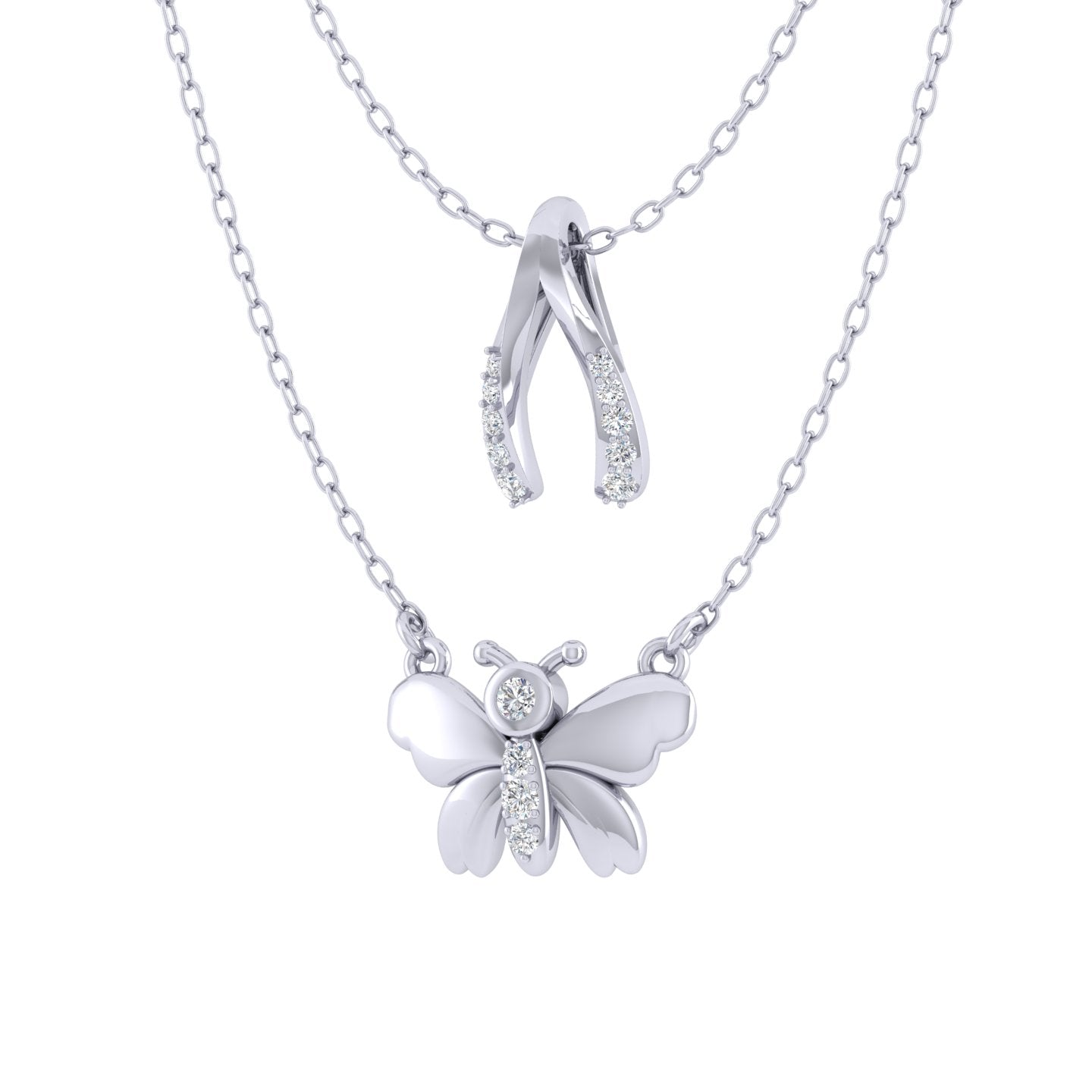 Lucky Wishbone and Butterfly Layered 1/10 Cttw Natural Diamond Pendant Necklace set in 925 Sterling Silver…