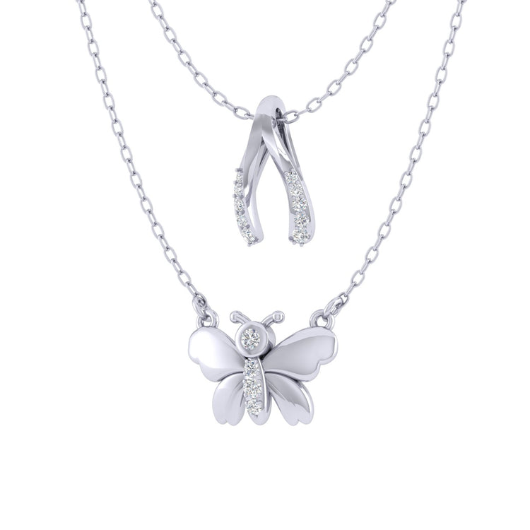 Lucky Wishbone and Butterfly Layered 1/10 Cttw Natural Diamond Pendant Necklace set in 925 Sterling Silver…