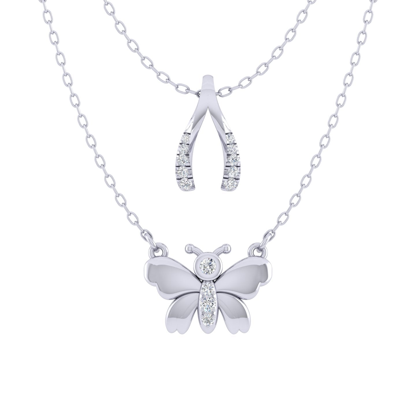 Lucky Wishbone and Butterfly Layered 1/10 Cttw Natural Diamond Pendant Necklace set in 925 Sterling Silver…