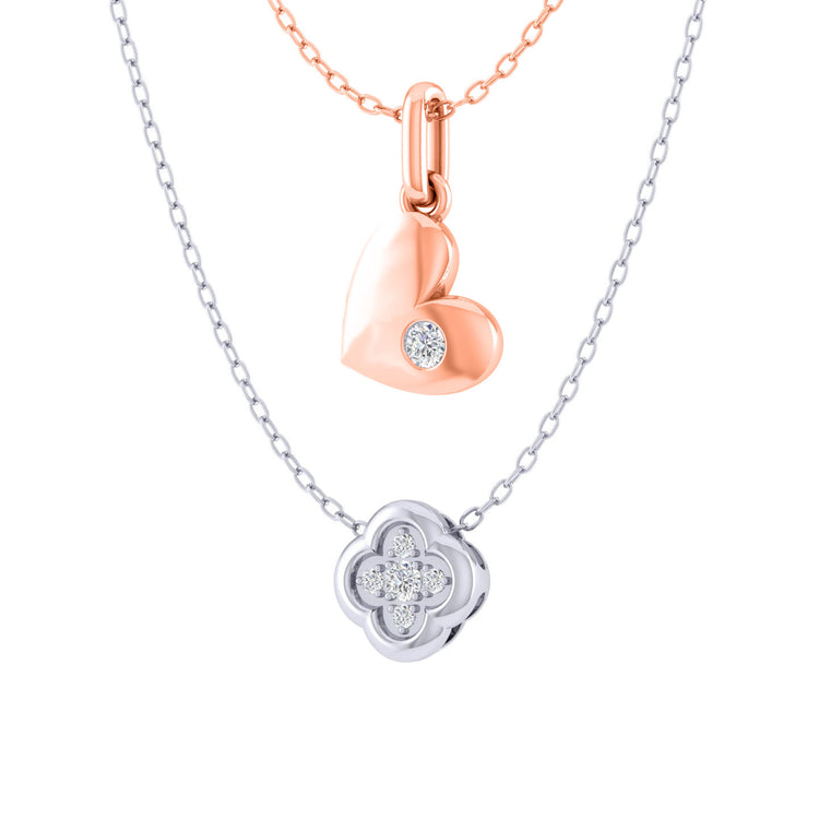 Floating Heart and Clover Layered 1/10 Cttw Natural Diamond Pendant Necklace set in 925 Sterling Silver fine jewelry birthday holiday valentine gift