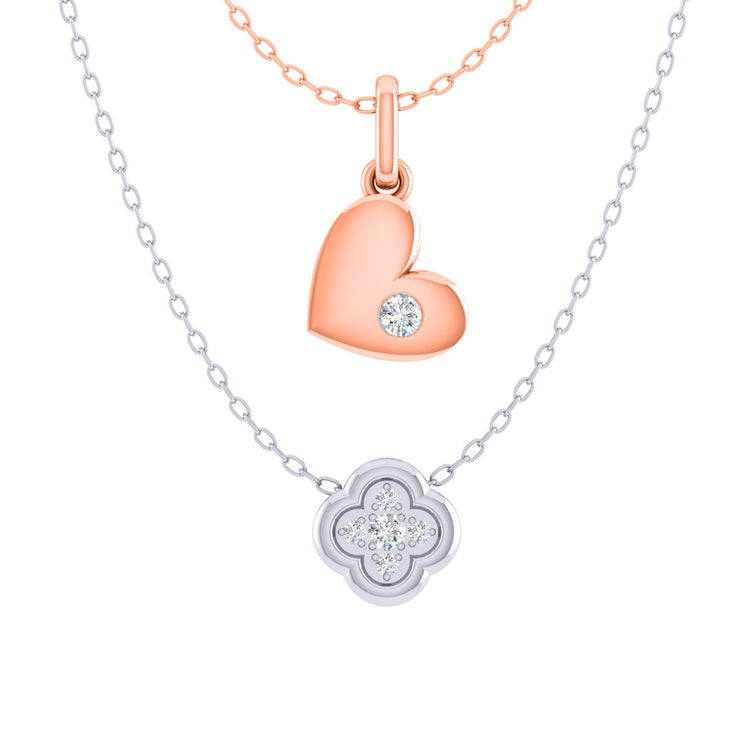 Floating Heart and Clover Layered 1/10 Cttw Natural Diamond Pendant Necklace set in 925 Sterling Silver fine jewelry birthday holiday valentine gift