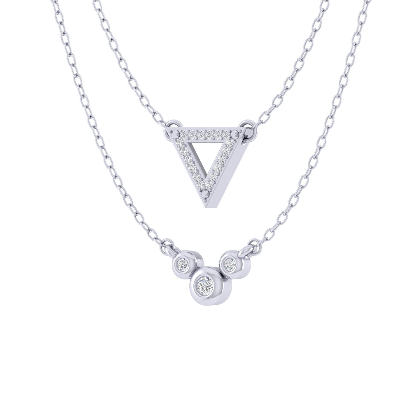 Triangle and Three Stone Layered 1/10 Cttw Natural Diamond Pendant Necklace set in 925 Sterling Silver… fine jewelry