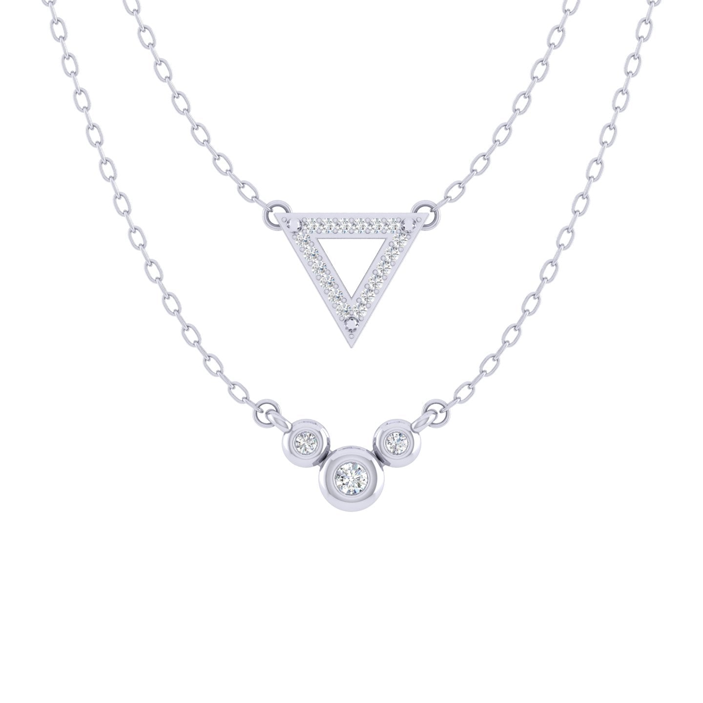 Triangle and Three Stone Layered 1/10 Cttw Natural Diamond Pendant Necklace set in 925 Sterling Silver… fine jewelry