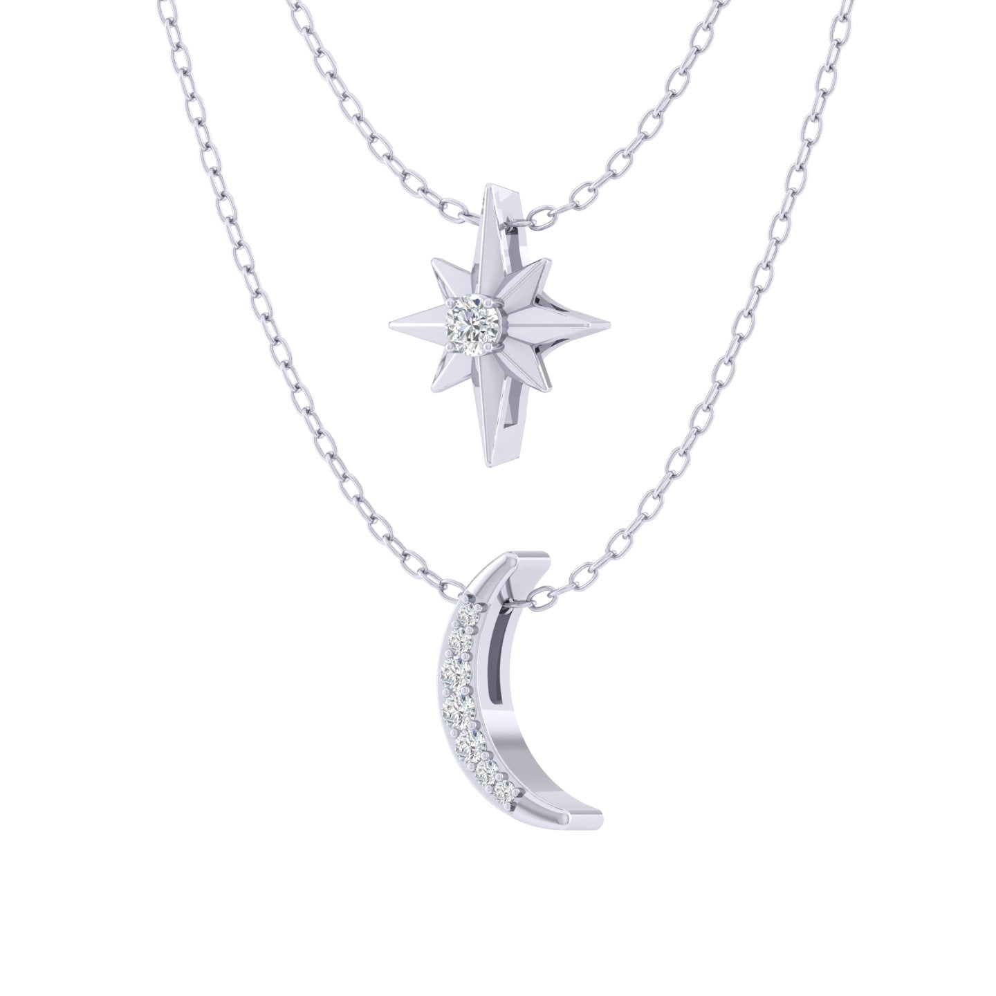 North Star and Moon Layered 1/10 Cttw Natural Diamond Pendant Necklace set in 925 Sterling Silver…