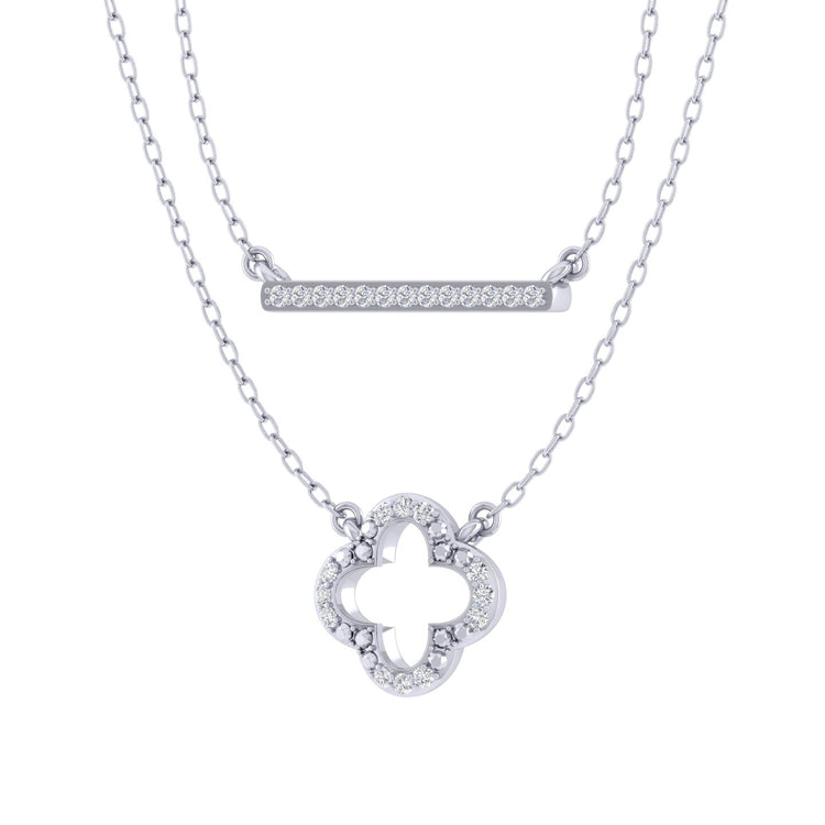 Bar and Leaf Clover Layered 1/10 Cttw Natural Diamond Pendant Necklace set in 925 Sterling Silver…