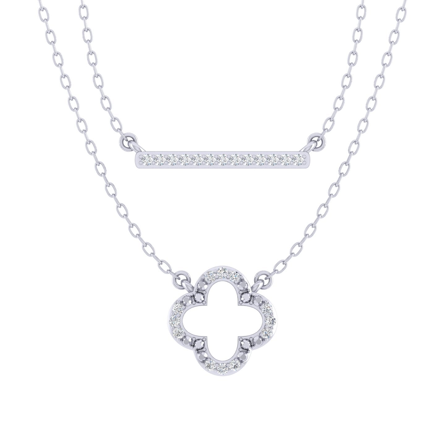 Bar and Leaf Clover Layered 1/10 Cttw Natural Diamond Pendant Necklace set in 925 Sterling Silver…