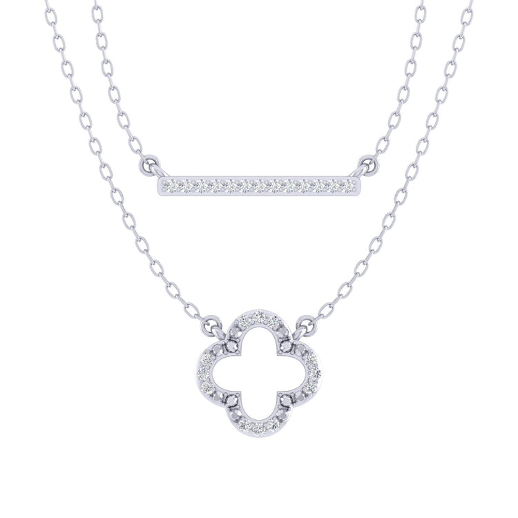 Bar and Leaf Clover Layered 1/10 Cttw Natural Diamond Pendant Necklace set in 925 Sterling Silver…