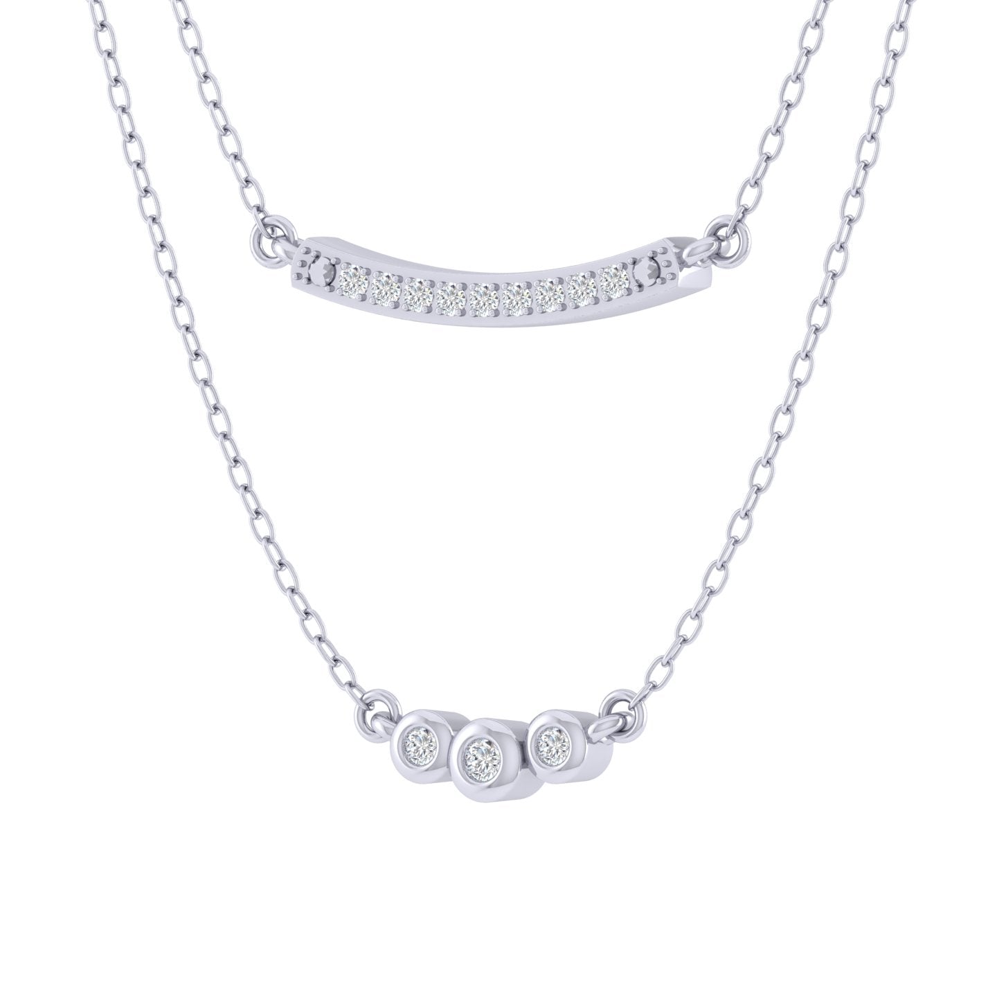 Curved Bar and Three Stone Layered 1/10 Cttw Natural Diamond Pendant Necklace set in 925 Sterling Silver fine jewelry