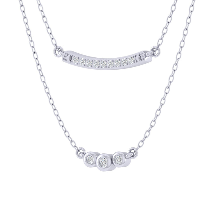 Curved Bar and Three Stone Layered 1/10 Cttw Natural Diamond Pendant Necklace set in 925 Sterling Silver fine jewelry