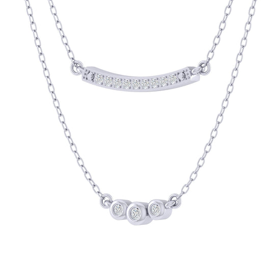 Curved Bar and Three Stone Layered 1/10 Cttw Natural Diamond Pendant Necklace set in 925 Sterling Silver fine jewelry 