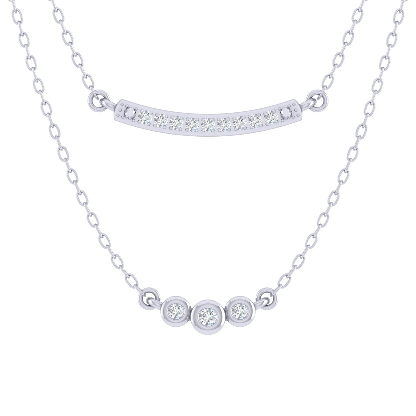 Curved Bar and Three Stone Layered 1/10 Cttw Natural Diamond Pendant Necklace set in 925 Sterling Silver fine jewelry