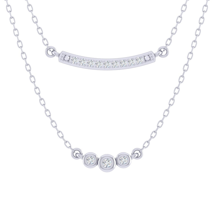 Curved Bar and Three Stone Layered 1/10 Cttw Natural Diamond Pendant Necklace set in 925 Sterling Silver fine jewelry