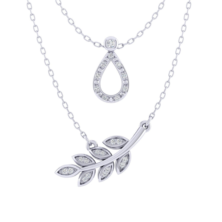 Teardrop and Leaf Layered 1/10 Cttw Natural Diamond Pendant Necklace set in 925 Sterling Silver…