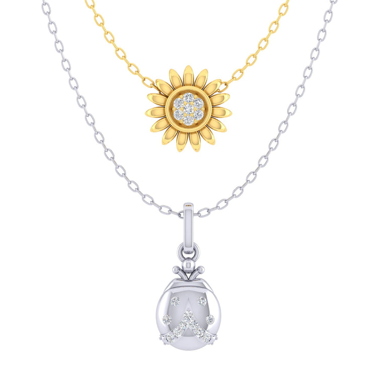 LadyBug and SunFlower Layered 1/10 Cttw Natural Diamond Pendant Necklace set in 925 Sterling (Silver & Yellow Gold fine jewelry gift