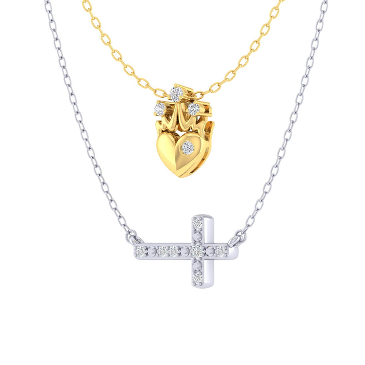 Crown Heart and Sideways Cross Layered 1/10 Cttw Natural Diamond Pendant Necklace set in 925 Sterling (Yellow Gold & Silver)…