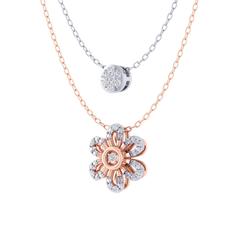 Cluster and Flower Layered 1/10 Cttw Natural Diamond Pendant Necklace set in 925 Sterling (Silver & Rose Gold)…