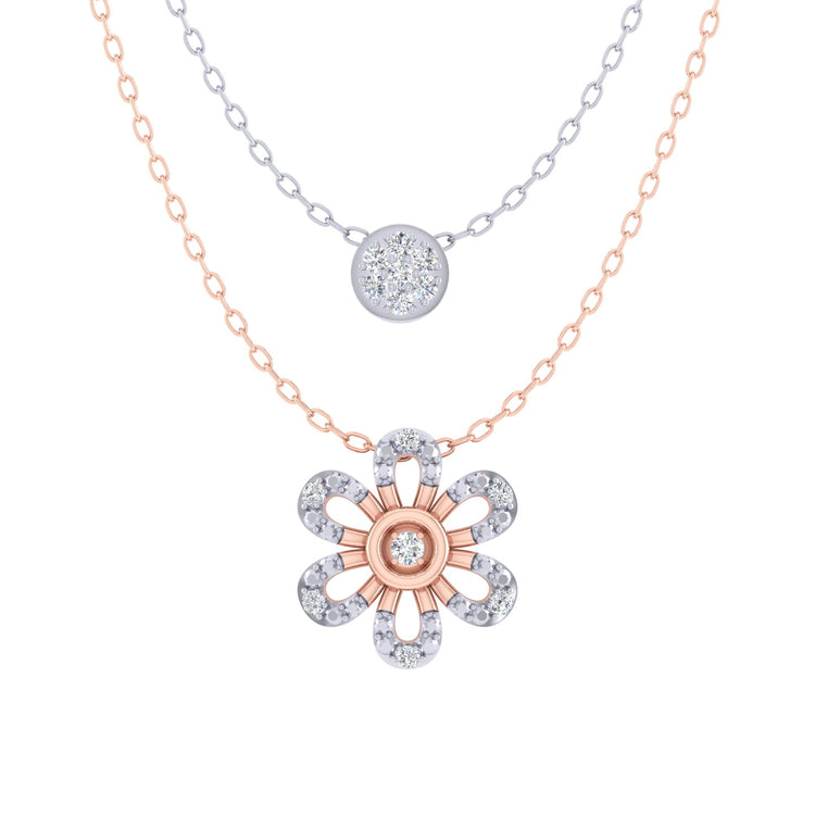 Cluster and Flower Layered 1/10 Cttw Natural Diamond Pendant Necklace set in 925 Sterling (Silver & Rose Gold)…