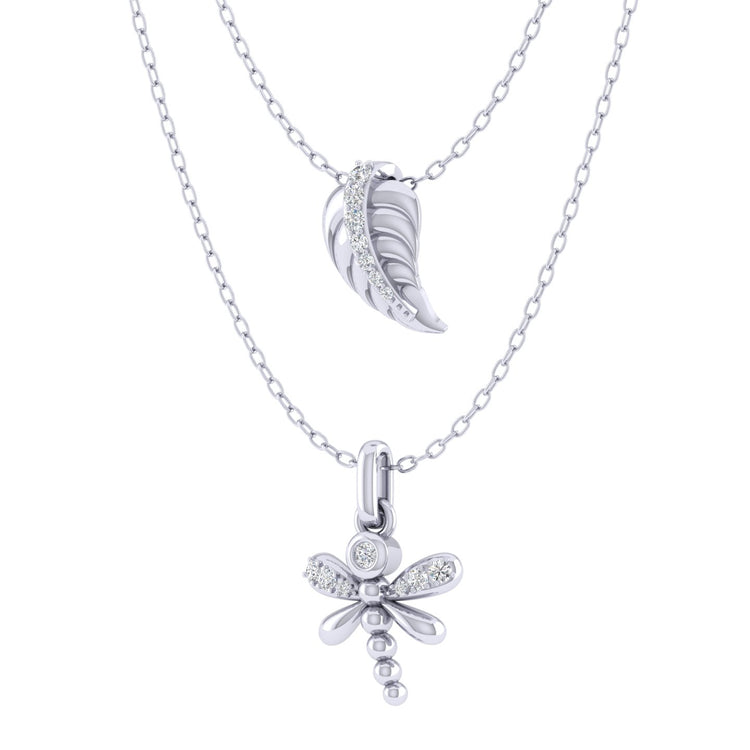 Lucky Feather and Dragonfly Layered 1/10 Cttw Natural Diamond Pendant Necklace set in 925 Sterling Silver… fine jewelry gift holiday birthday under$50 cheap affordable